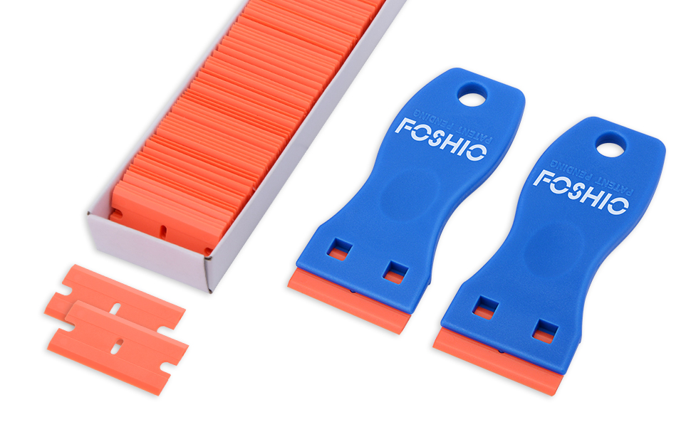 FOSHIO Plastic Razor Blade Scraper Include 2PCS Scraper Tool and 100PCS Blades for Gasket Remover, Labels Decal and Adhesive Remover for Windows and Glass