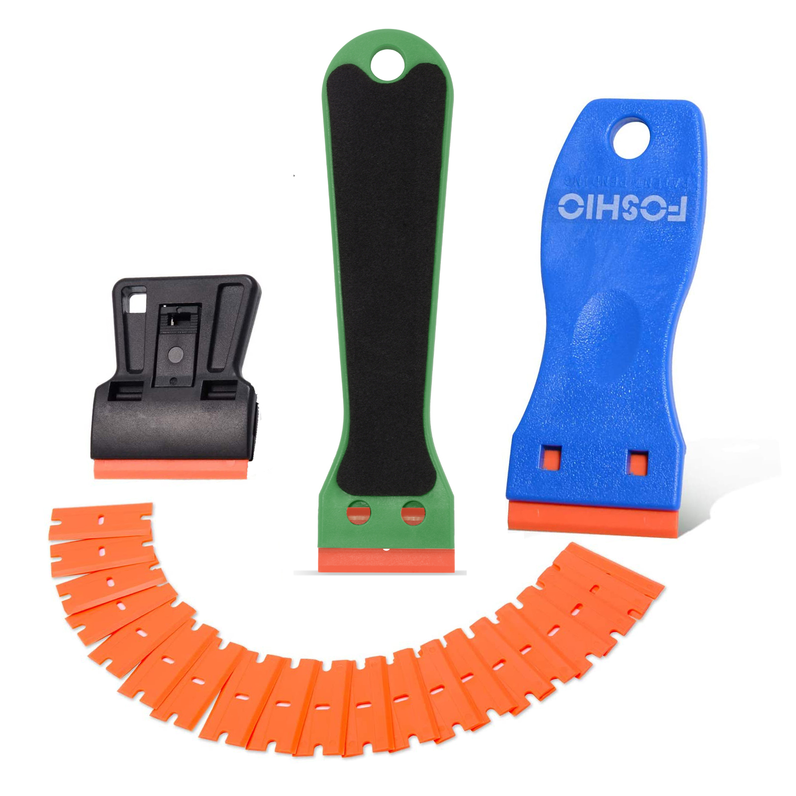 FOSHIO Plastic Razor Blade Scraper Include 2PCS Scraper Tool and 100PCS Blades for Gasket Remover, Labels Decal and Adhesive Remover for Windows and Glass
