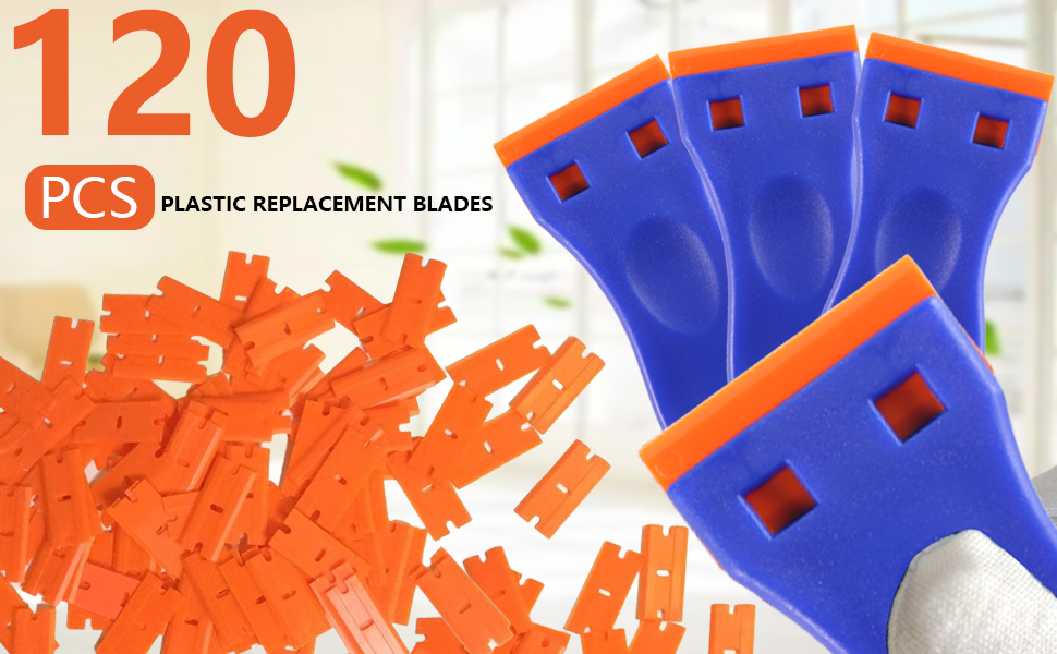 4 PCS Plastic Razor Blade Scraper and 120 PCS Plastic Razor Blades, Cleaning Scraper Tool for Remover, Adhesive, Stickers, Decals, Glass, Labels, Cars Windows