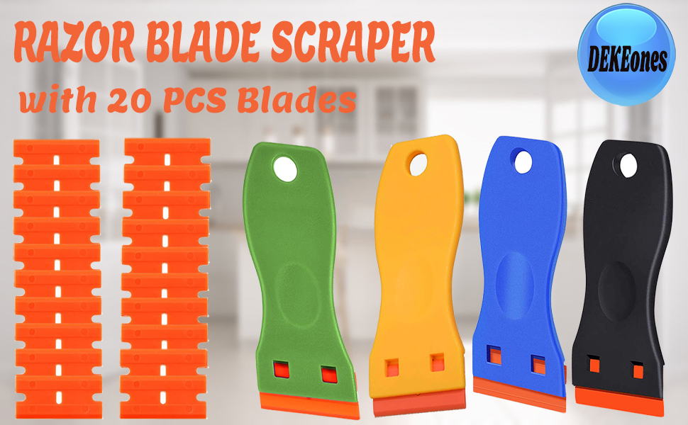 Plastic Razor Blade Scraper, Scraper Tool with 20 PCS Plastic Razor Blades for Removing Labels Adhesive Decals Sticker from Windows Glass (Blue)