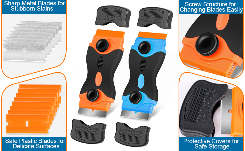 2PACK Razor Blade Scraper, 2-in-1 Scraper Tool with 12Pcs Plastic Blades and 7Pcs Metal Blades, Multi-Purpose Cleaning Razor Scraper for Decals, Stickers, Labels, Caulk, Adhesive, Paint Removal
