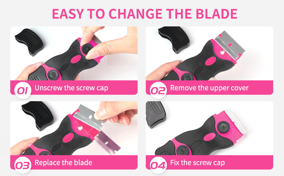 DEKEones Razor Blade Scraper, Double Edged Razorblade Scraping Tool with 10 Pcs Razor Blades, Paint Scraper for Glass, Decals, Tint, Stickers, Labels, Caulk, Adhesive(Pink)