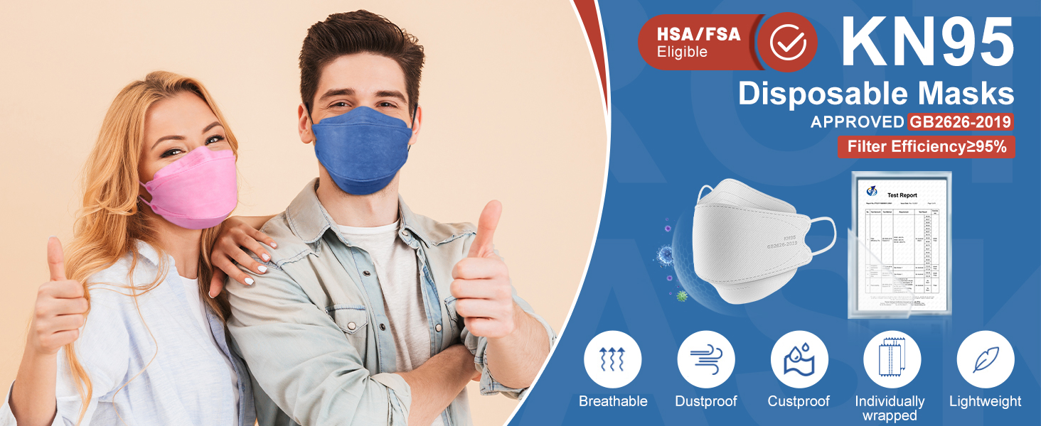 FENFEN KN95 Face Masks Disposable Adults - 50 Pack 5 Layer Protection Dust Breathable Comfortable Respirator Women KN95 Mask Individually Wrapped