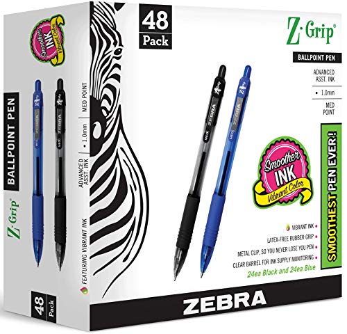 Zebra Pen Z-Grip Retractable Ballpoint Pen, Medium Point 1.0mm, 24 Black & 24 Blue Ink Pens, Bulk Pack of 48