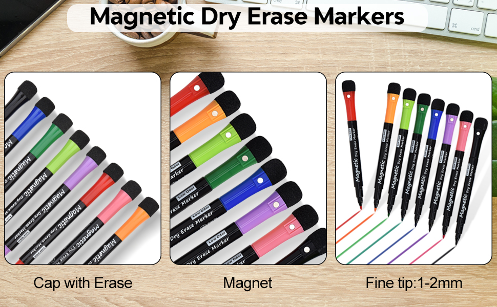 Magnetic Dry Erase Markers, (8 Pack) Dealkits Low Odor White Board Markers Whiteboard Markers with Erasers for Kids Teacher Supplies for Classroom Work on White Board, Calender, Fine Tip Point