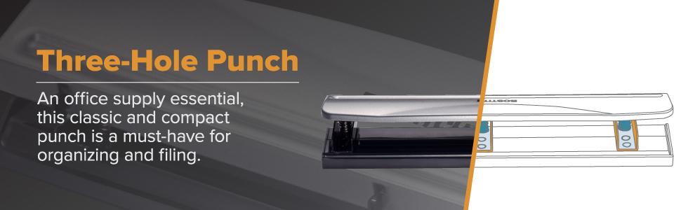 Bostitch Office 3 Hole Punch, Metal, 12 Sheet Capacity, Rubber Base, Silver