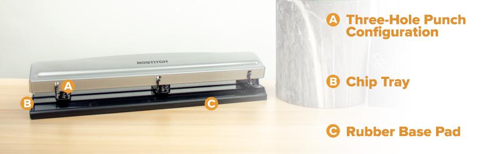 Bostitch Office 3 Hole Punch, Metal, 12 Sheet Capacity, Rubber Base, Silver