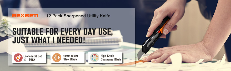 REXBETI 12-Pack Utility Knife, Retractable Box Cutter for Cartons, Cardboard and Boxes, 18mm Wider Razor Sharp Blade, Smooth Mechanism, Perfect for Office and Home use