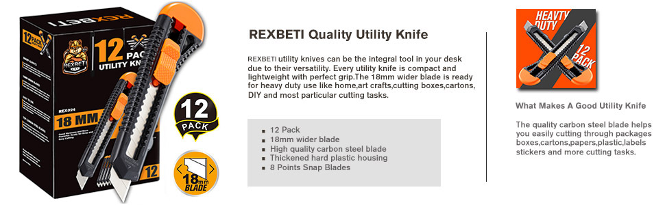 REXBETI 12-Pack Utility Knife, Retractable Box Cutter for Cartons, Cardboard and Boxes, 18mm Wider Razor Sharp Blade, Smooth Mechanism, Perfect for Office and Home use