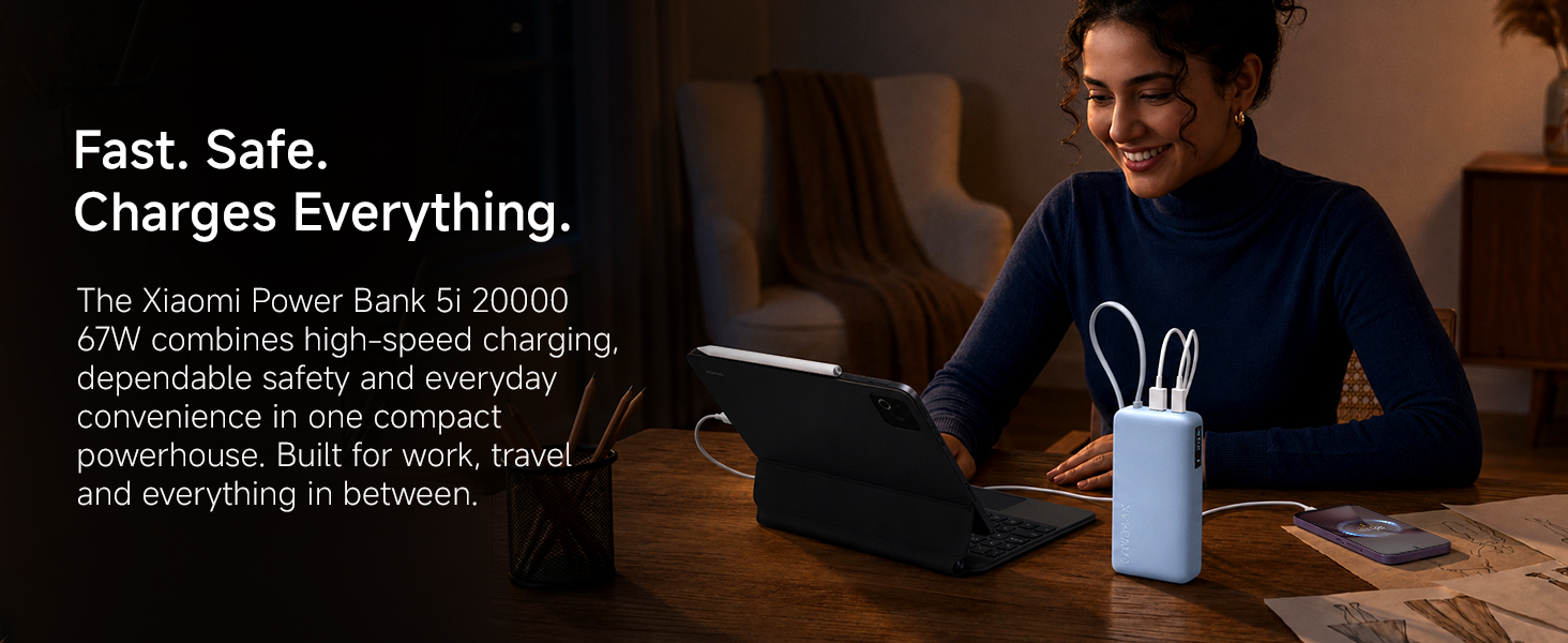 Xiaomi Power Bank 5i 20000mAh 67W Turbo Charging PD 3.0 & PPS|in-Built Cable|12 Layer Protection|Digital Display|Triple Output Ports|Supports Laptop, Tablet, Phone, Earbud (Jet Black)- 2026 New Launch