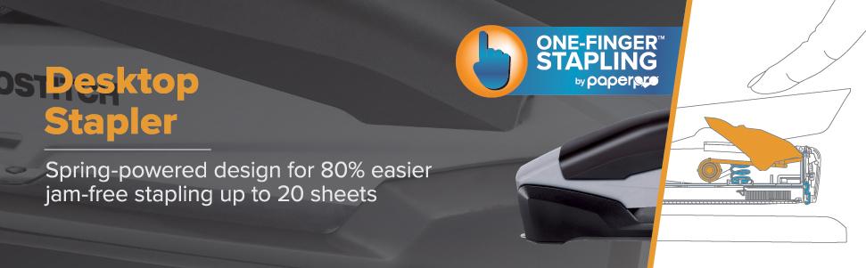 Bostitch Office Executive 3 in 1 Stapler, Includes 210 Staples and Integrated Staple Remover, One Finger Stapling, No Effort, 20 Sheet Capacity, Spring Powered Stapler, Black/Gray (INP20)