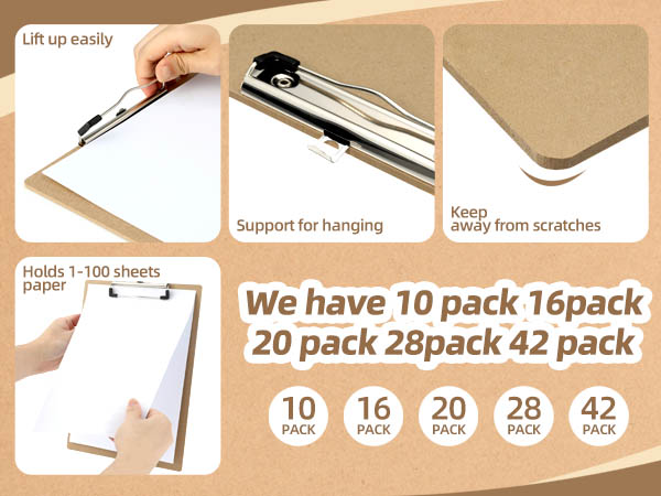 HappyHapi 16 Pack Clipboard, 8.5x11 Clip Board Bulk, Wooden Clipboard