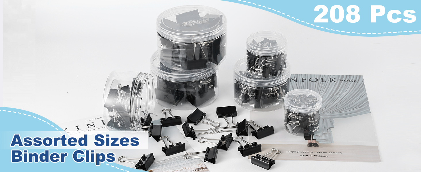 EFOK 208 PCS Binder Clips Paper Clamps Assorted Sizes Black Metal Bulk Clip