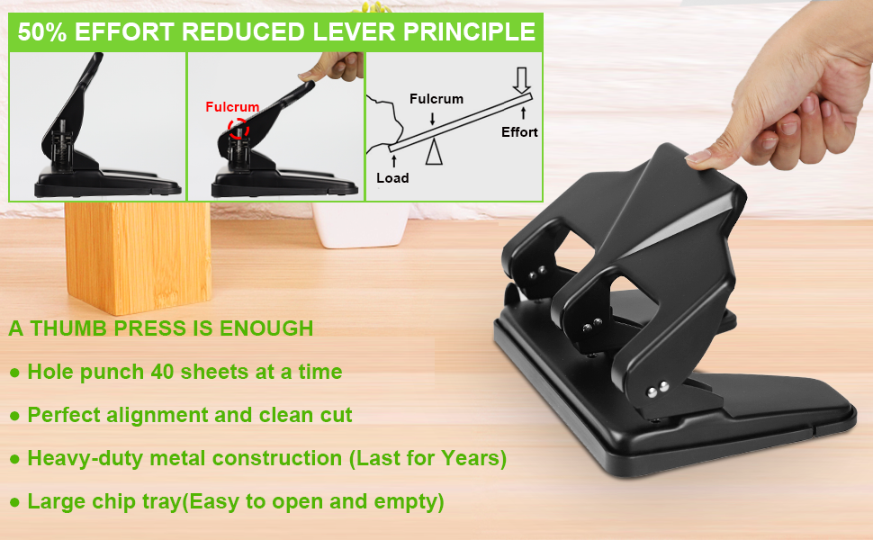 AFMAT 3 Hole Punch Heavy Duty, 40-Sheet Three Hole Punch, 50% Reduced Effort, 3 Hole Puncher for Binder w/Large Chip Tray, 9/32" Holes Diameter, Metal Paper Puncher for Home/Office/School, HP14