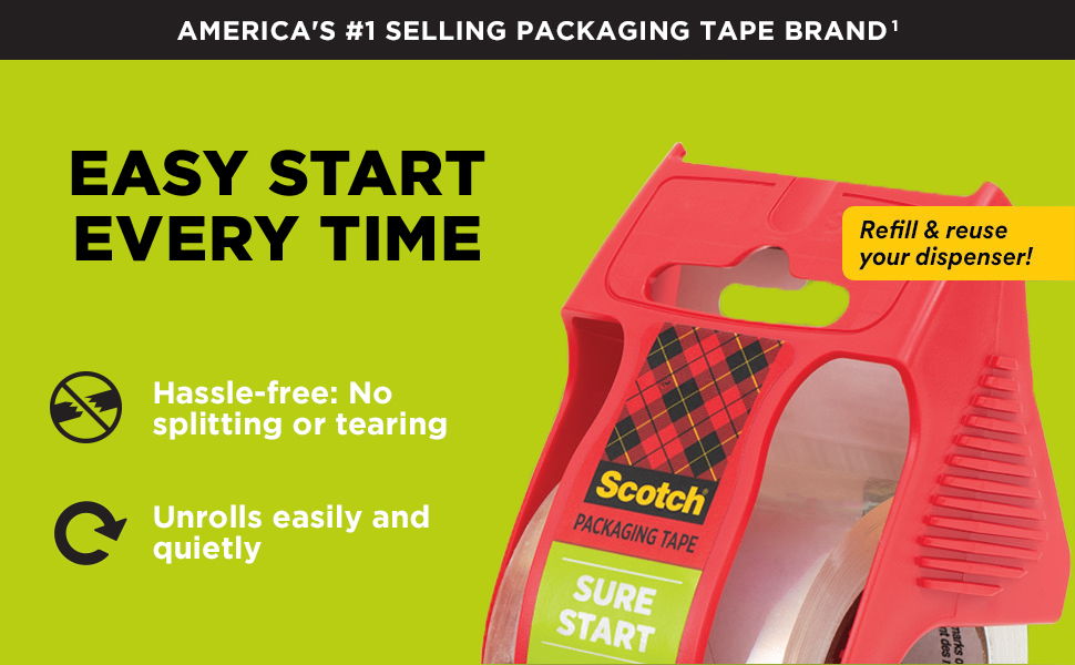 Scotch Sure Start Packing Tape Refill, 900 in x 900 in, 6 Rolls
