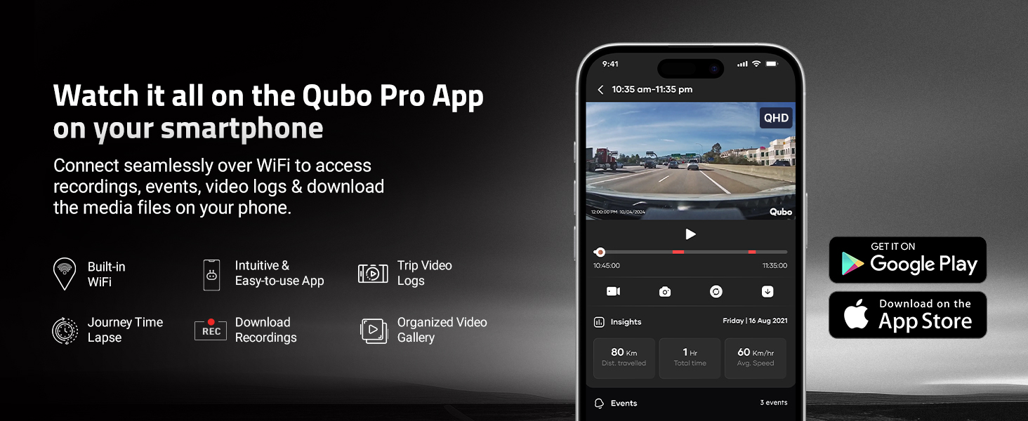 Qubo Car Dashcam [New Launch] Pro 2K Front + Rear by Hero Group | Dual Channel Dash Cam | Wide Angle View | G-Sensor | Wi-Fi | Emergency Recording | Supports Up to 1 TB SD Card
