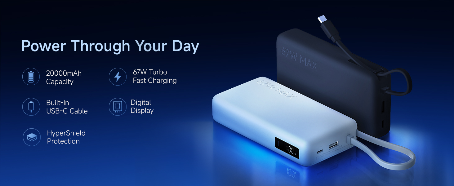 Xiaomi Power Bank 5i 20000mAh 67W Turbo Charging PD 3.0 & PPS|in-Built Cable|12 Layer Protection|Digital Display|Triple Output Ports|Supports Laptop, Tablet, Phone, Earbud (Ice Blue)- 2026 New Launch