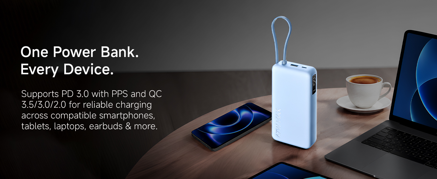 Xiaomi Power Bank 5i 20000mAh 67W Turbo Charging PD 3.0 & PPS|in-Built Cable|12 Layer Protection|Digital Display|Triple Output Ports|Supports Laptop, Tablet, Phone, Earbud (Ice Blue)- 2026 New Launch