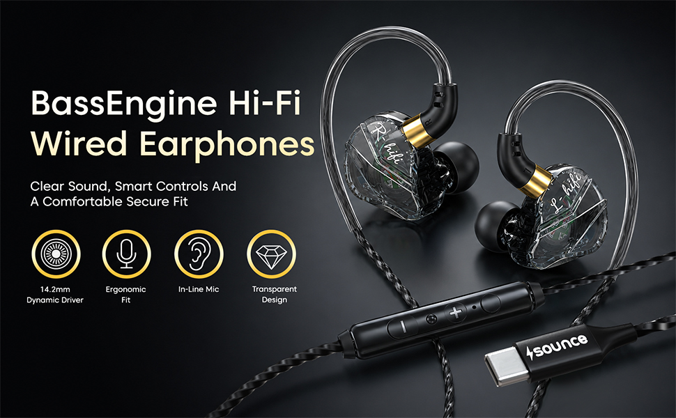 Sounce BassEngine Type-C In Ear Wired Earphones 14.2mm Dynamic Driver HD Mic Ergonomic Earbuds Anti Tangle TPE Cable In Line Music Call Controls Deep Bass Clear Sound for Everyday Use ProSeries(Black)