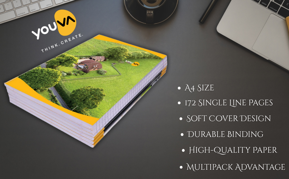 Navneet Youva | Soft Cover Long Notebook for Student | A4 Size (21cm X 29.7cm) | Single Line 172 Pages | Pack of 6