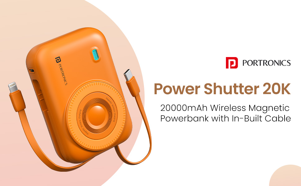 Portronics Power Shutter 20000mAh 15W Magnetic Wireless Fast Charging Powerbank with in-Built Type C & 8 Pin Cable, 22.5W Type C PD Output, Type C Bidirectional Port, LED Display (Orange)