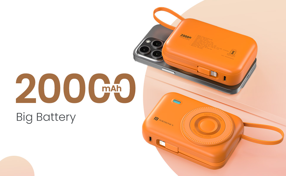 Portronics Power Shutter 20000mAh 15W Magnetic Wireless Fast Charging Powerbank with in-Built Type C & 8 Pin Cable, 22.5W Type C PD Output, Type C Bidirectional Port, LED Display (Orange)