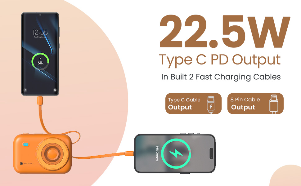 Portronics Power Shutter 20000mAh 15W Magnetic Wireless Fast Charging Powerbank with in-Built Type C & 8 Pin Cable, 22.5W Type C PD Output, Type C Bidirectional Port, LED Display (Orange)