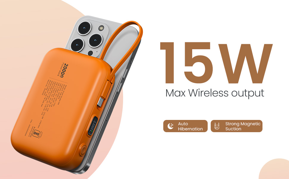 Portronics Power Shutter 20000mAh 15W Magnetic Wireless Fast Charging Powerbank with in-Built Type C & 8 Pin Cable, 22.5W Type C PD Output, Type C Bidirectional Port, LED Display (Orange)