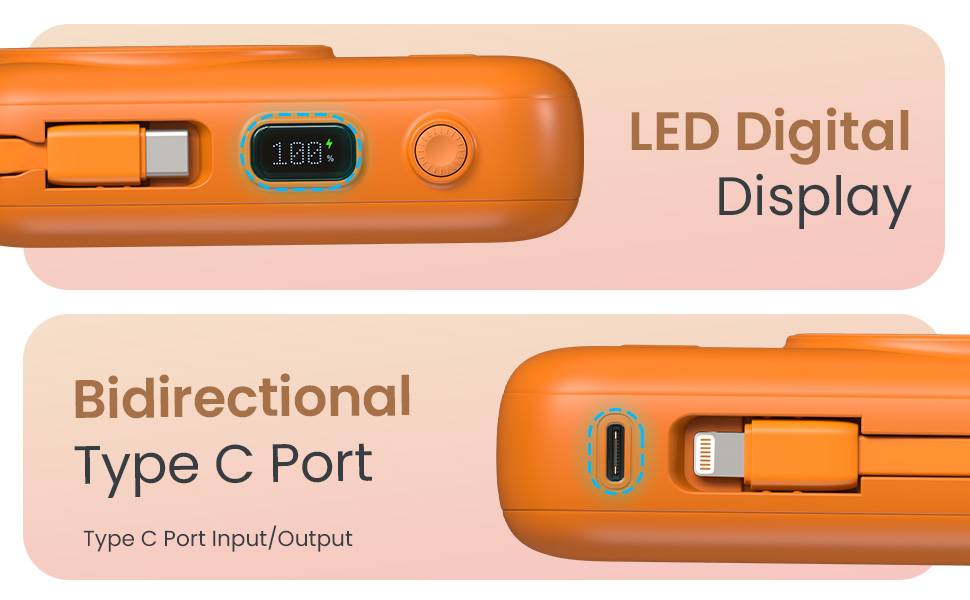 Portronics Power Shutter 20000mAh 15W Magnetic Wireless Fast Charging Powerbank with in-Built Type C & 8 Pin Cable, 22.5W Type C PD Output, Type C Bidirectional Port, LED Display (Orange)