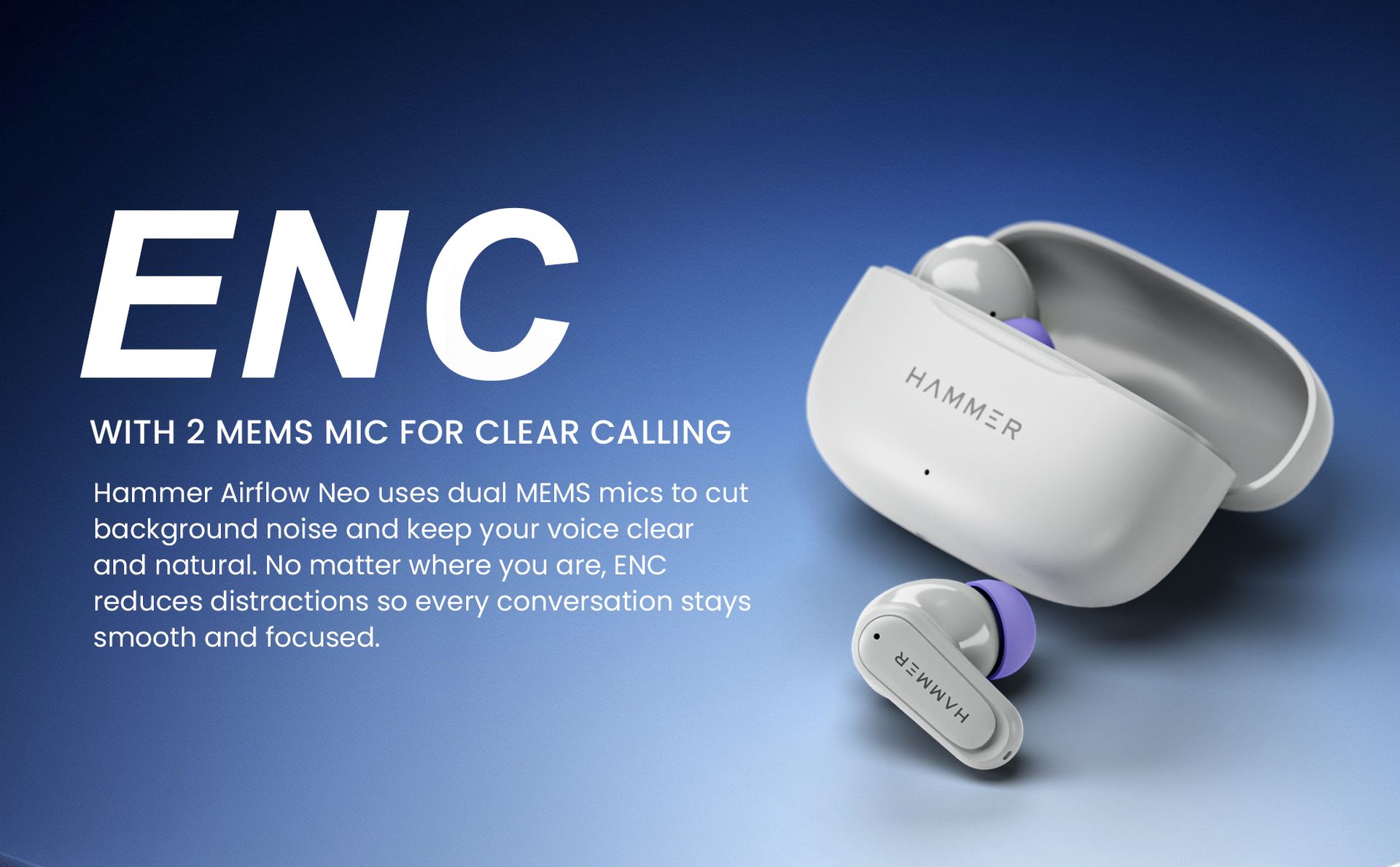 HAMMER Airflow Neo Earbuds with 80H Playtime, 13mm Titanium Driver, 40ms Gaming Mode, Fast Charging Buds, Type-C Charging, Voice Assistant, Lightweight Dual-Tone Design (Grey)