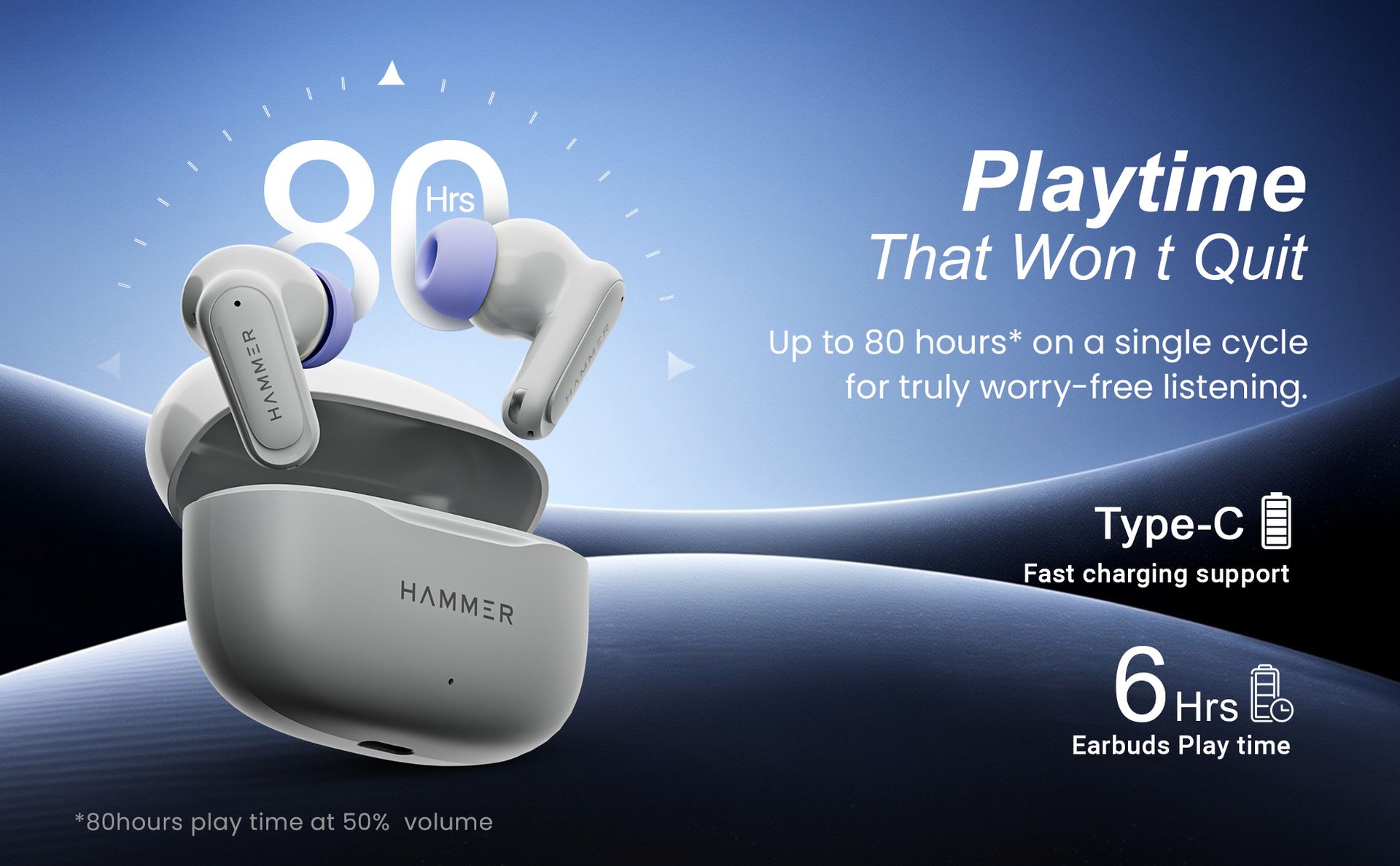 HAMMER Airflow Neo Earbuds with 80H Playtime, 13mm Titanium Driver, 40ms Gaming Mode, Fast Charging Buds, Type-C Charging, Voice Assistant, Lightweight Dual-Tone Design (Grey)