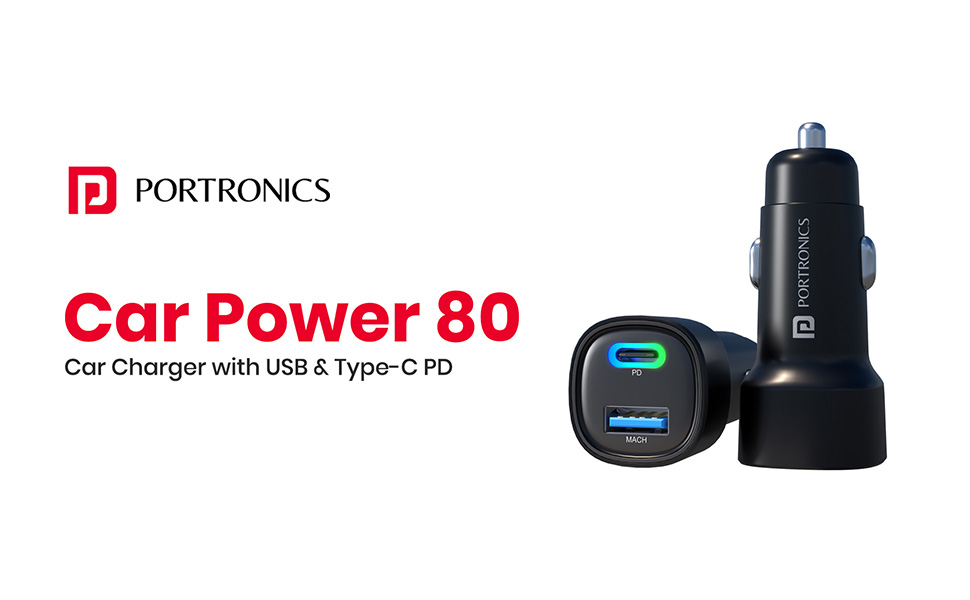 Portronics 80W Dual Output Fast Car Charger with Type-C PD & USB, LED Indicator, Charging Adapter Compatible with Cars for iPhone & Android Smartphone, Smartwatch, Earbud, Power Bank (Black)