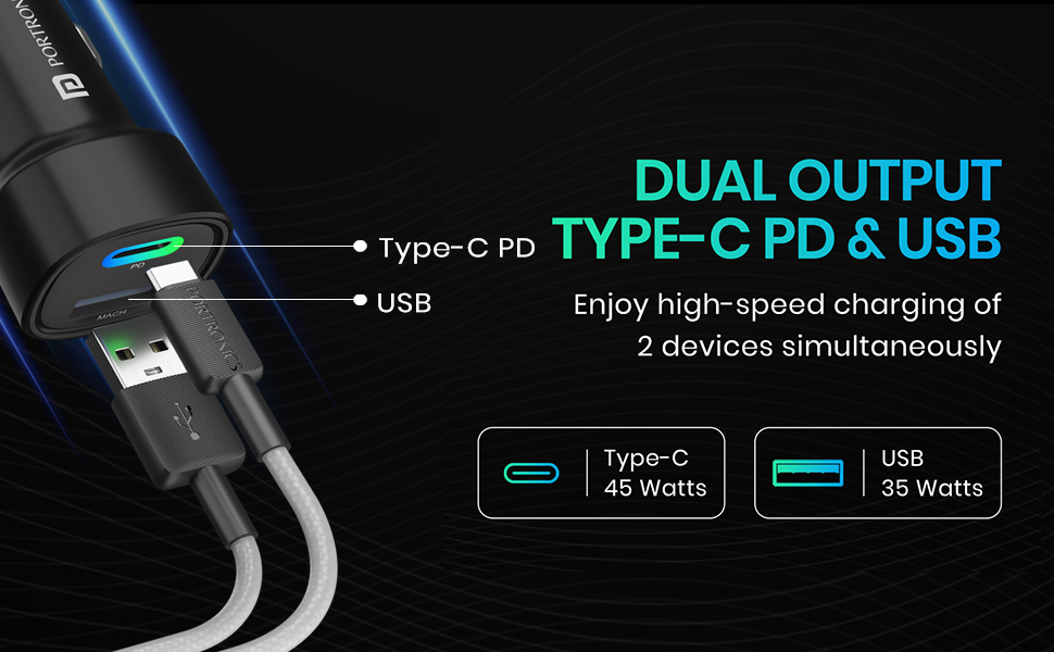 Portronics 80W Dual Output Fast Car Charger with Type-C PD & USB, LED Indicator, Charging Adapter Compatible with Cars for iPhone & Android Smartphone, Smartwatch, Earbud, Power Bank (Black)