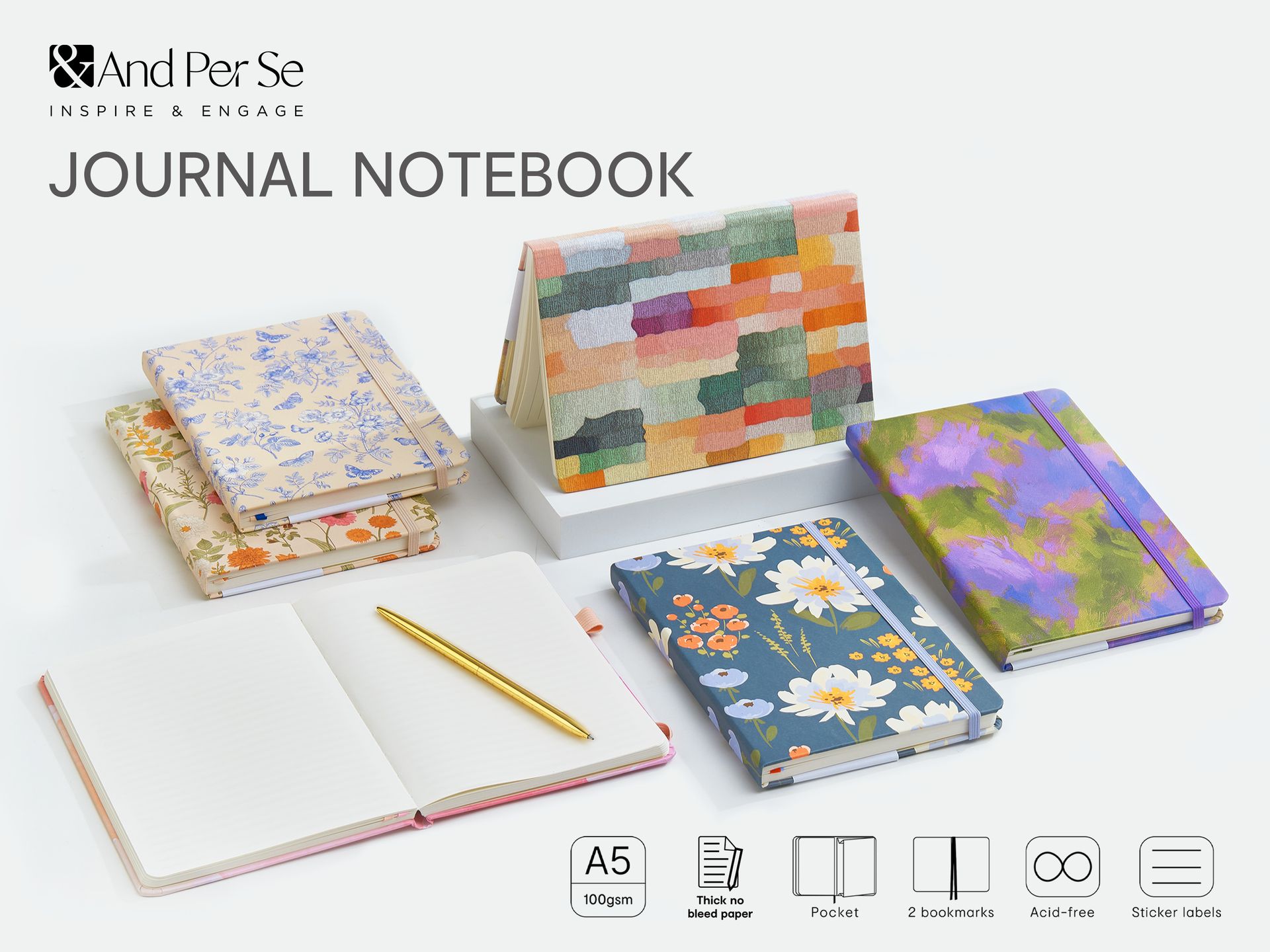&And Per Se Lined Hardcover Notebook – A5 5.7"x8" College Ruled, 160 Pages, 100gsm Thick Paper – Aesthetic Journal for Women, Gift-Ready Planner, Everyday Writing Notebook (Garden Flowers)