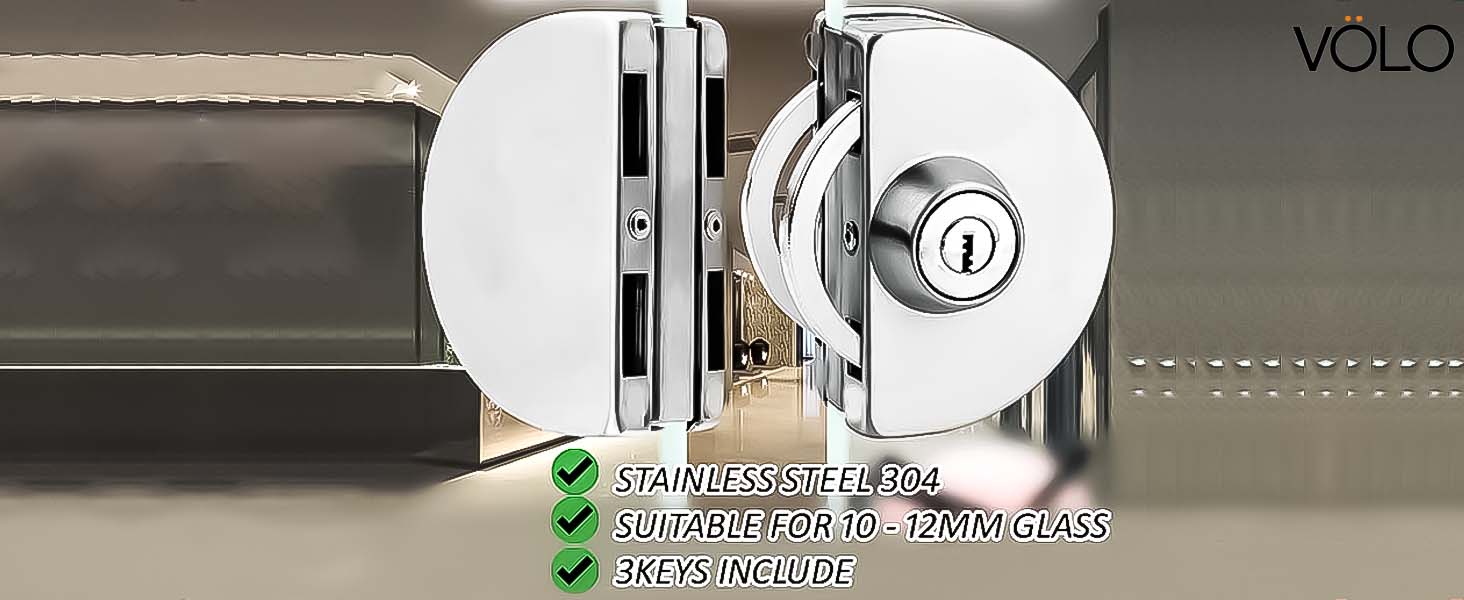 Volo Glass Door Lock | one Side Key, one Side knob, Stainless-Steel (Glass to Glass Door Lock) - Silver