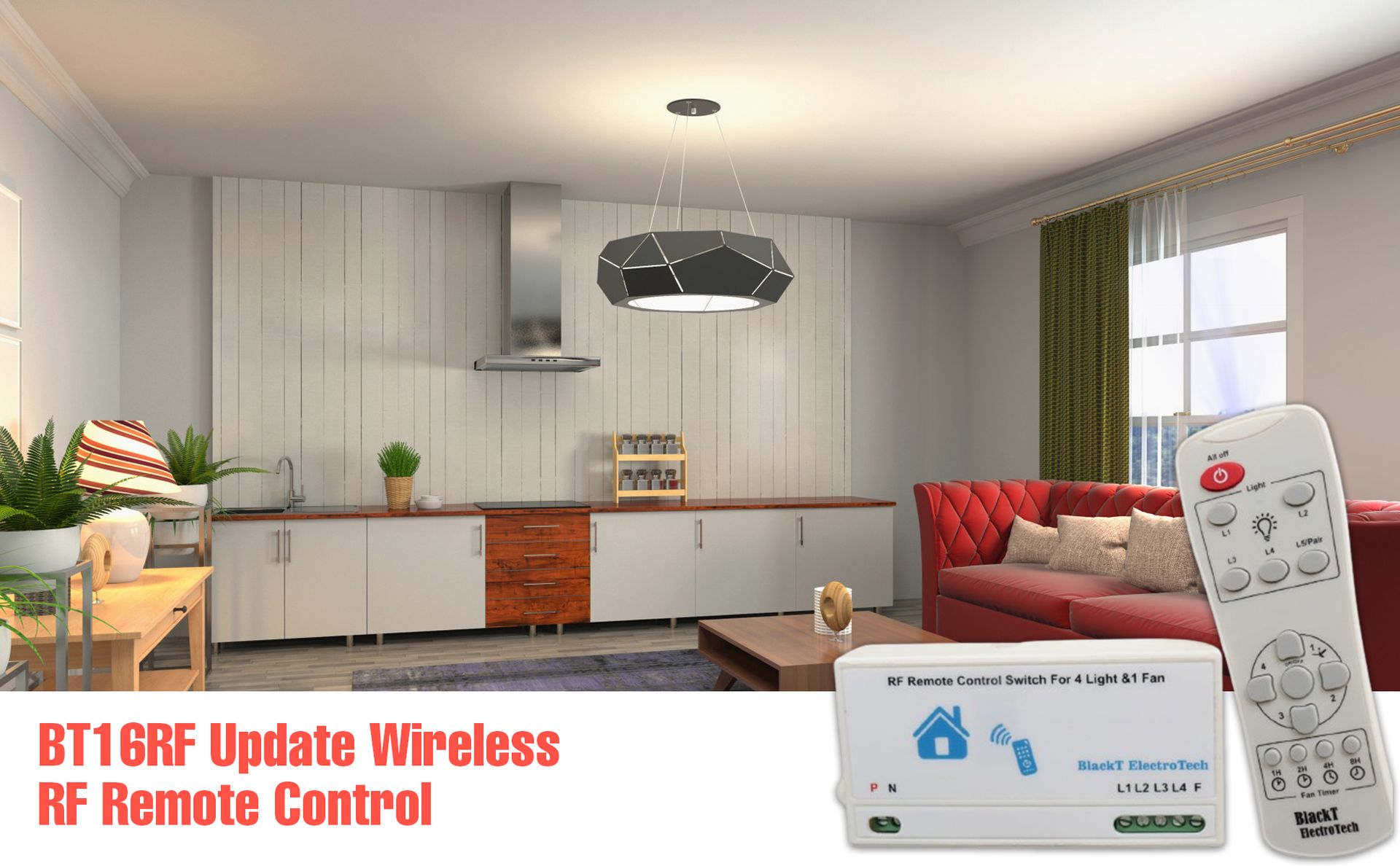 Blackt Electrotech Update Wireless Remote Control Switch for 4 Lights and 1 Fan Speed Regulation Long Range (RF Remote)