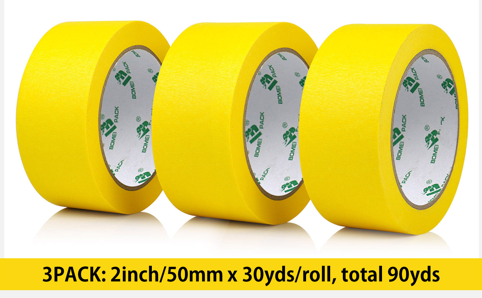 BOMEI PACK 3 Pack Yellow Painters Tape, 2 inch x 30yds, Premium Painting Masking Tape, Clean Release Paper Tape for Home and Office