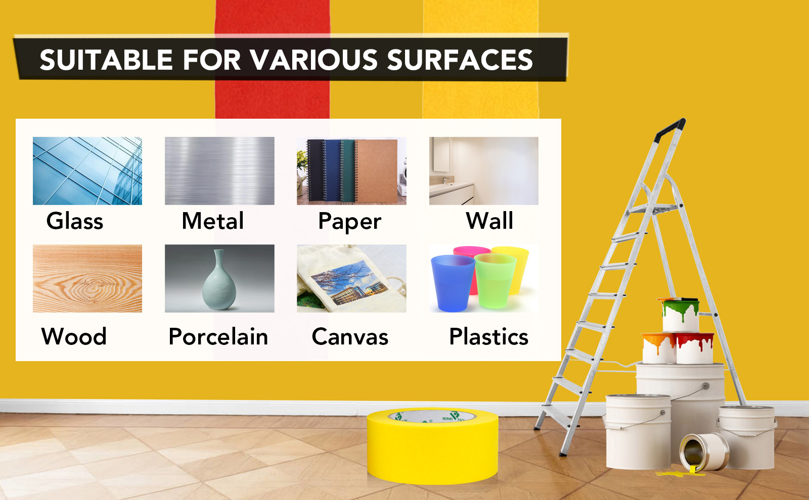 BOMEI PACK 3 Pack Yellow Painters Tape, 2 inch x 30yds, Premium Painting Masking Tape, Clean Release Paper Tape for Home and Office