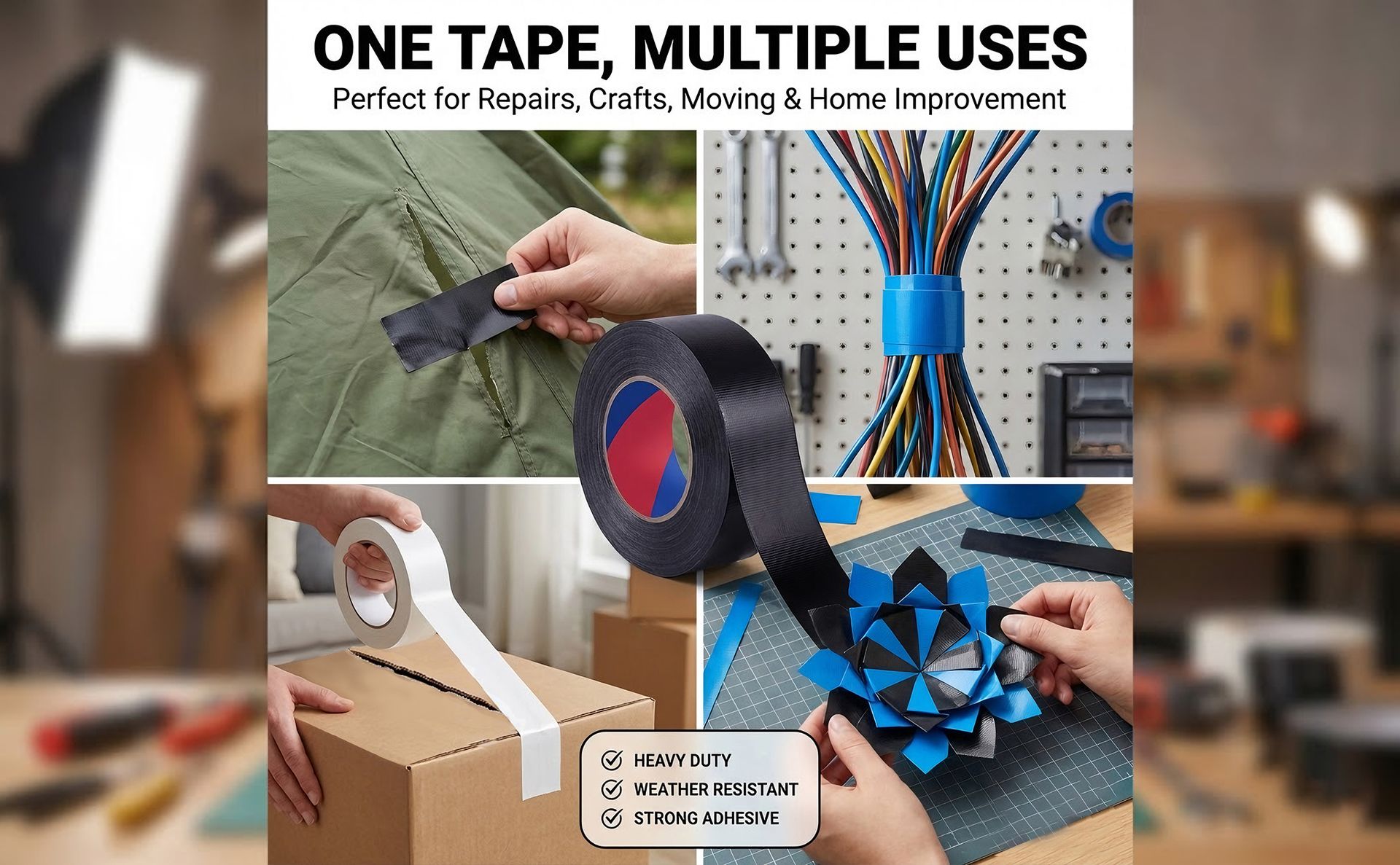Black Heavy Duty Duct Tape, 1 Inch x 55 Yards, Industrial Grade Waterproof & UV Resistant, Strong Adhesive for Indoor Outdoor Repairs, Crafts, Home Improvement, Moving Packing and DIY Projects