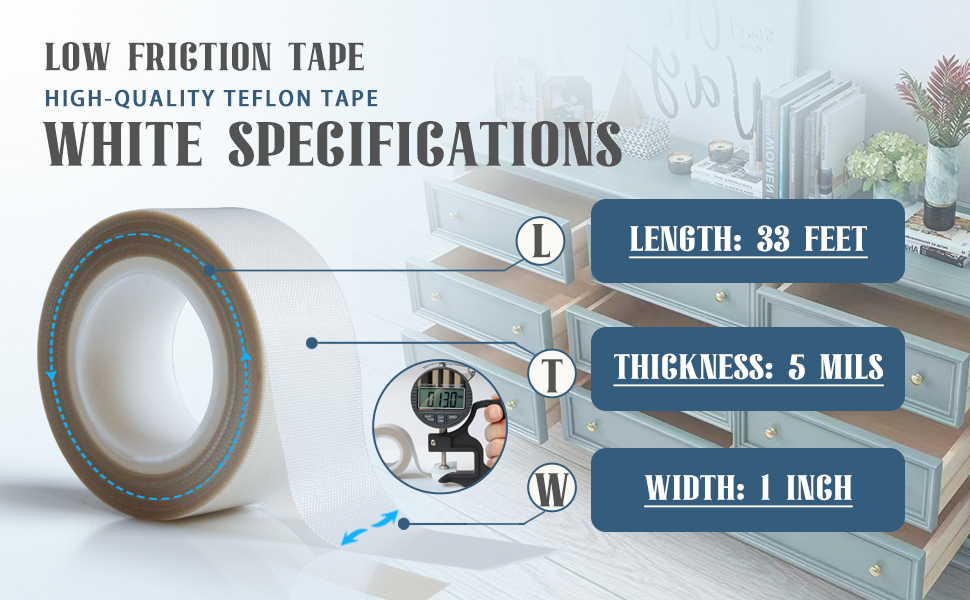 MEBMIK 1 Roll 1 Inch x 33 Feet Low Friction Drawer Slide Tape - Surface Protection for Drawer, Cabinet, Curtain, Furniture - White