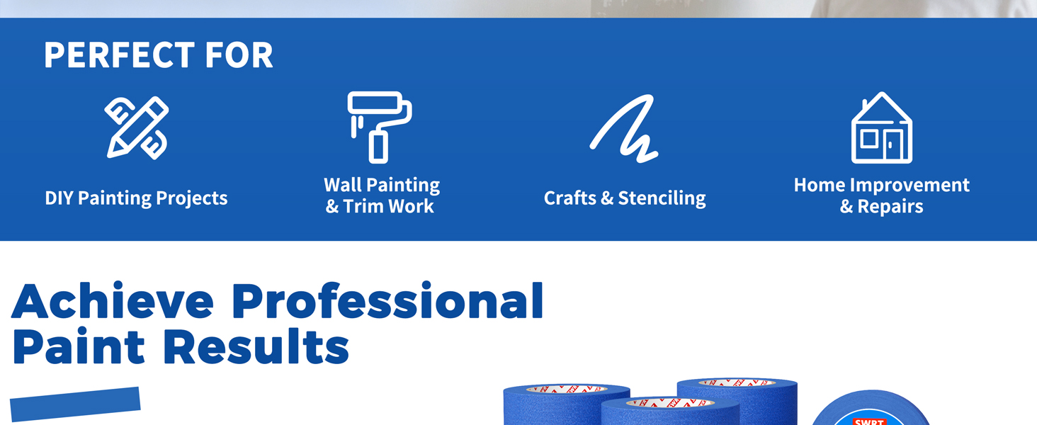 SWRT Blue Painters Tape 2 Inch Wide – 24 Rolls x 55 Yards (1320 Total Yards), Clean Removal Masking Tape for Sharp Paint Lines on Walls, Trim & Baseboards, Easy Tear for DIY & Home Renovation Projects