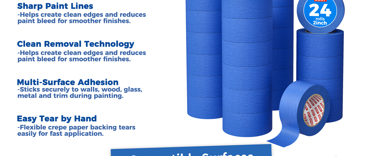 SWRT Blue Painters Tape 2 Inch Wide – 24 Rolls x 55 Yards (1320 Total Yards), Clean Removal Masking Tape for Sharp Paint Lines on Walls, Trim & Baseboards, Easy Tear for DIY & Home Renovation Projects