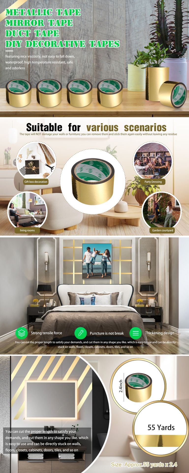 Exasinine Gold Tape Gold Metallic Tape, 2.4 Inch x 55 Yards Mirror Finish