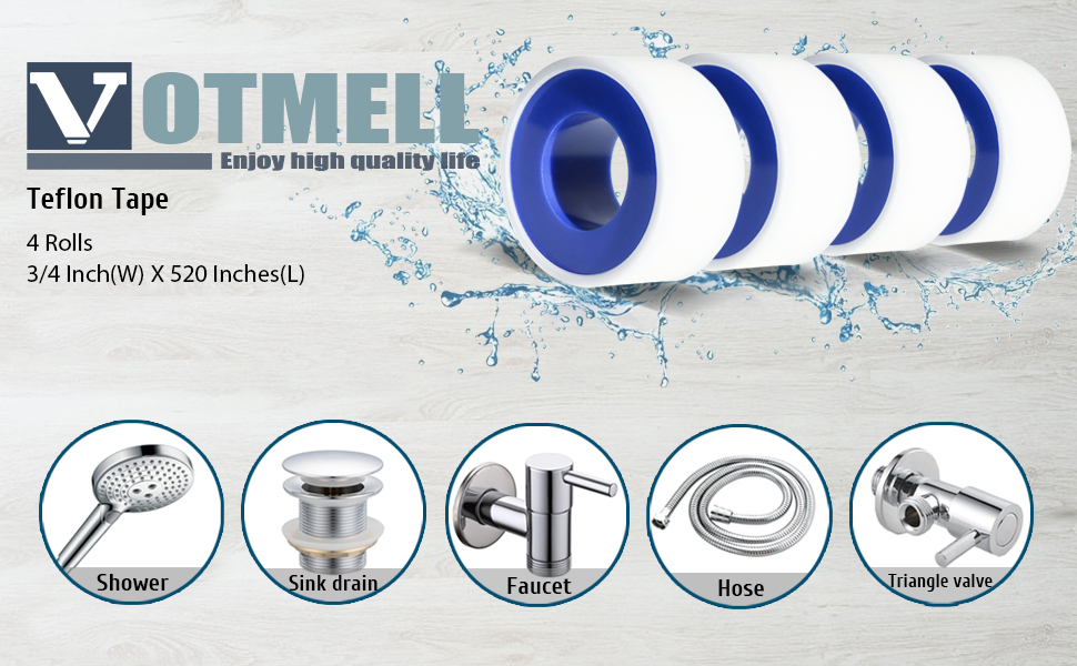 VOTMELL 4 Rolls 3/4 Inch(W) X 520 Inches(L) Teflon Tape for Plumbers, PTFE Thread Seal, Pipe Sealing, Shower Head - White