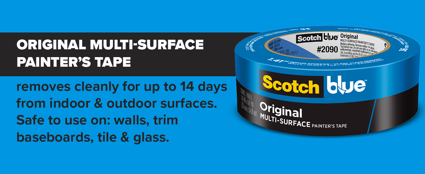ScotchBlue Original Multi-Surface Painters Tape, 1.5 Inch Wide (1.41 In. x 60 Yds) 3 Rolls, Blue Paint Tape Protects Surfaces and Removes Easily, Masking Tape for Indoor and Outdoor Use (2090-36AP3)