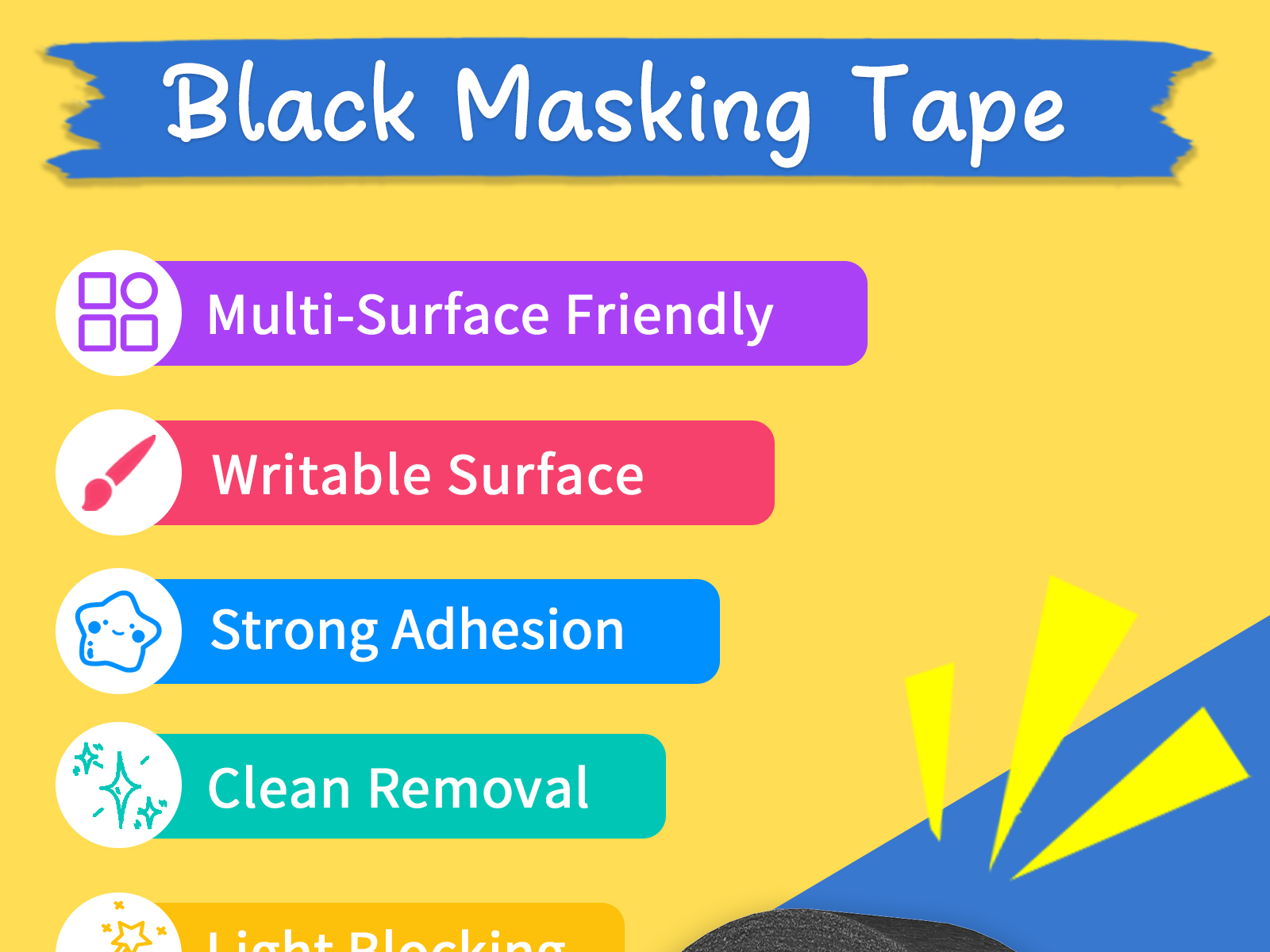 SWRT Black Masking Tape 1 Inch x 55 Yards, 2 Rolls, Medium Adhesion