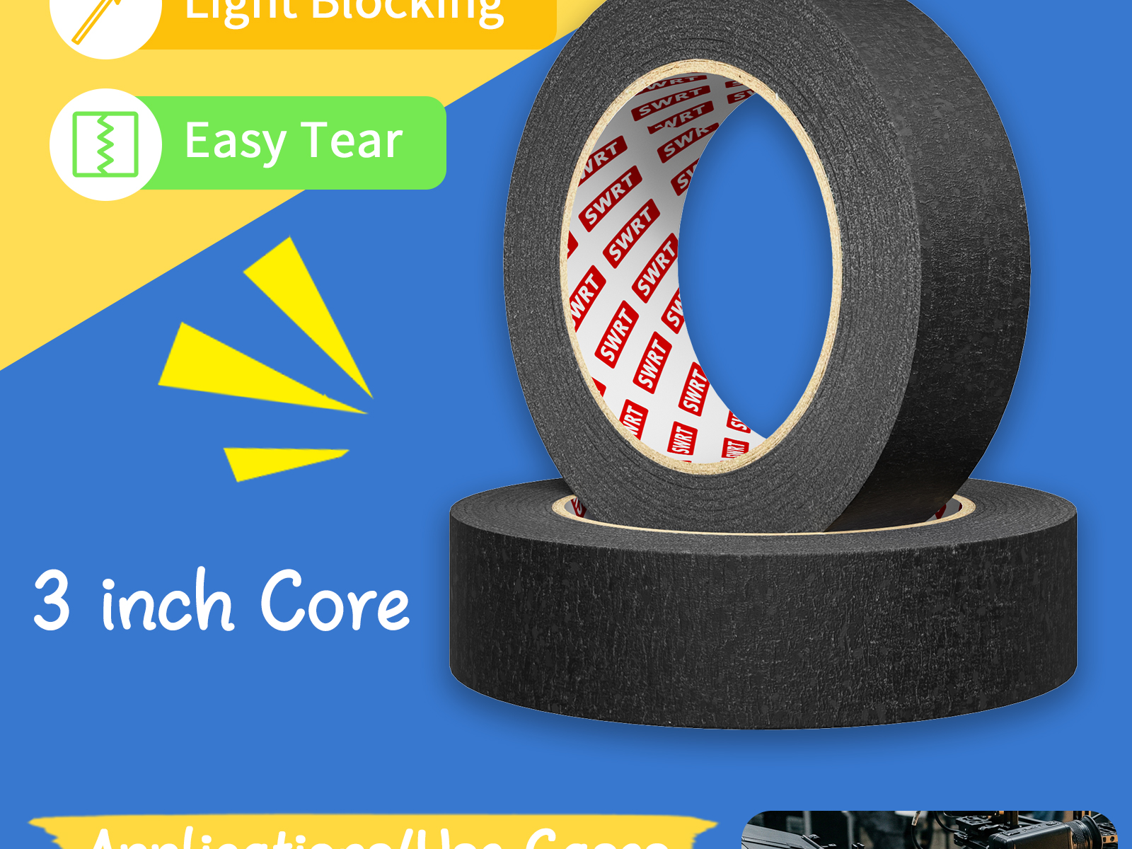 SWRT Black Masking Tape 1 Inch x 55 Yards, 2 Rolls, Medium Adhesion
