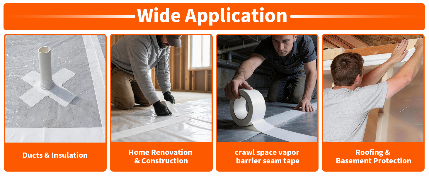 Vapor Barrier Tape, 4" x 180', 9 Mil White Crawl Space Seam Tape, 3 Rolls