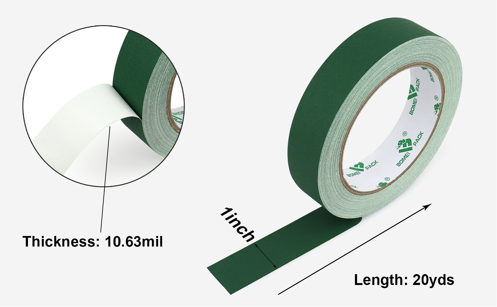 BOMEI PACK Dark Green Gaffer Tape, Matte Non-Reflective, 1inch x 20yds No Residue Hand Tear Self-Adhesive Tape for Labeling, Cable, Stage, Photo Studio, Painters and Duct Repair, 1 Pack
