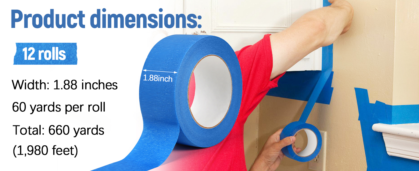 Lzerking Premium Blue Tape 12 Rolls 1.88 inches x 55 Yards, Painters Tape, Masking Tape for Purpose Wall Painting, Home Improvement (Totaling 660 Yards)